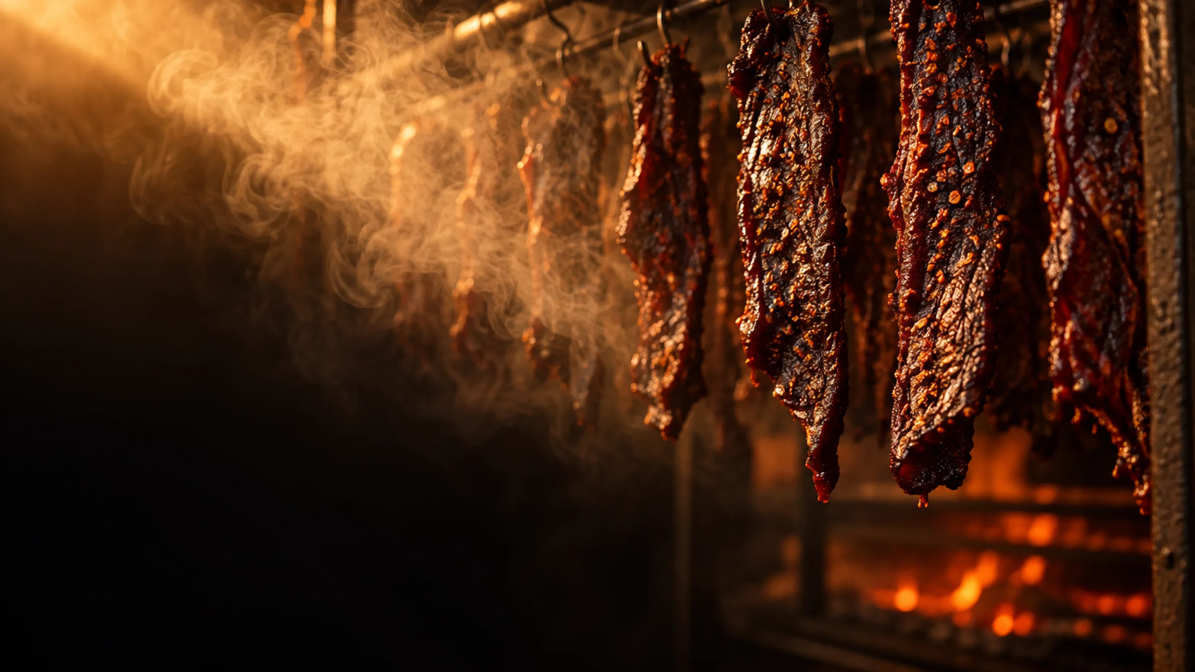 Jerky strips hanging on a rack in the Infusion Jerky smokehouse, smoke drifting through amber light