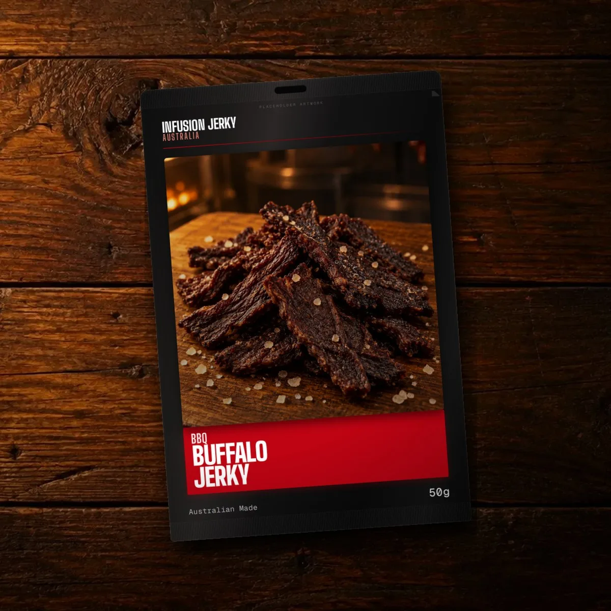 Buffalo jerky pack on a timber bench