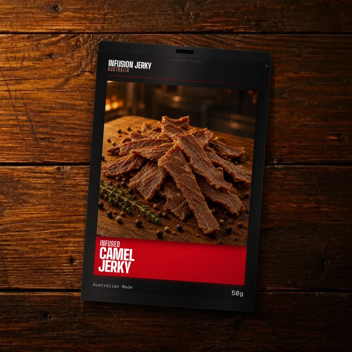 Camel jerky pack on a timber bench