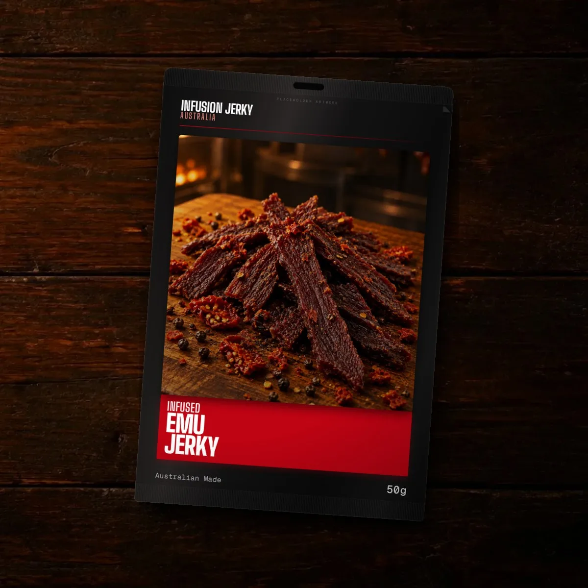 Emu jerky pack on a timber bench