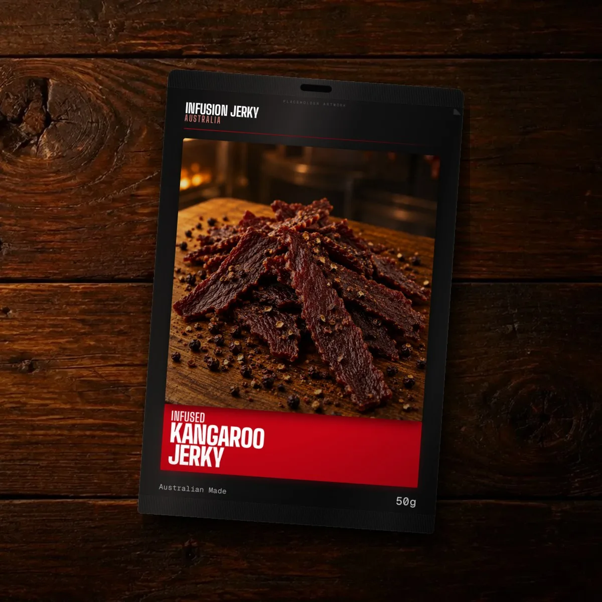 Kangaroo jerky pack on a timber bench
