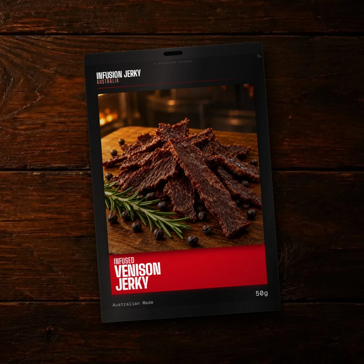 Venison jerky pack on a timber bench