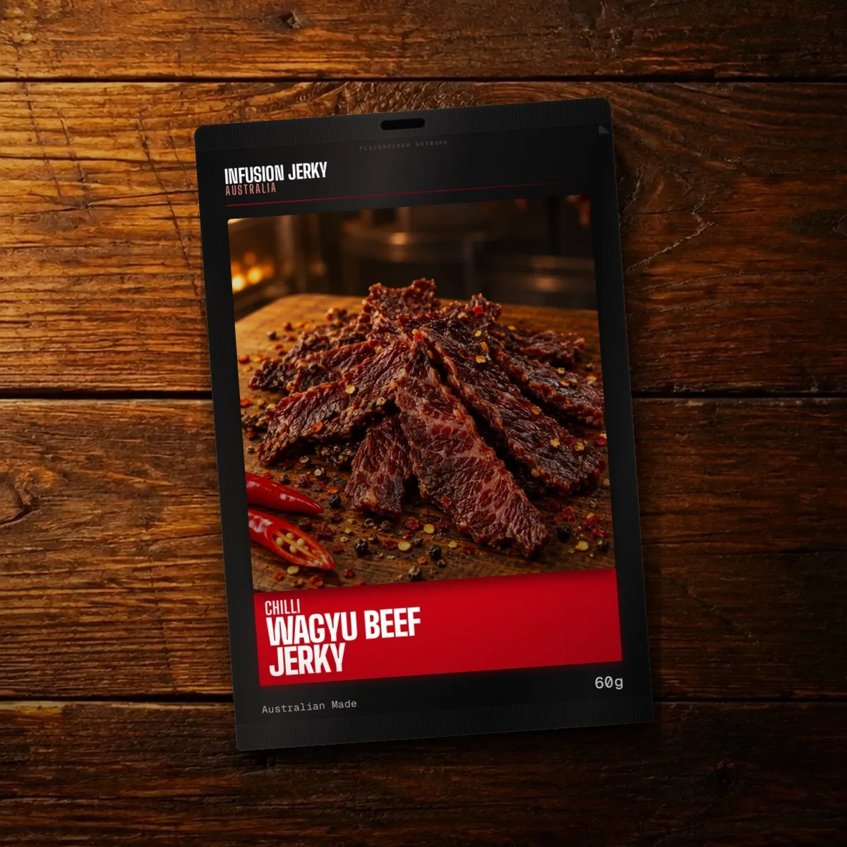 Wagyu Beef jerky pack on a timber bench