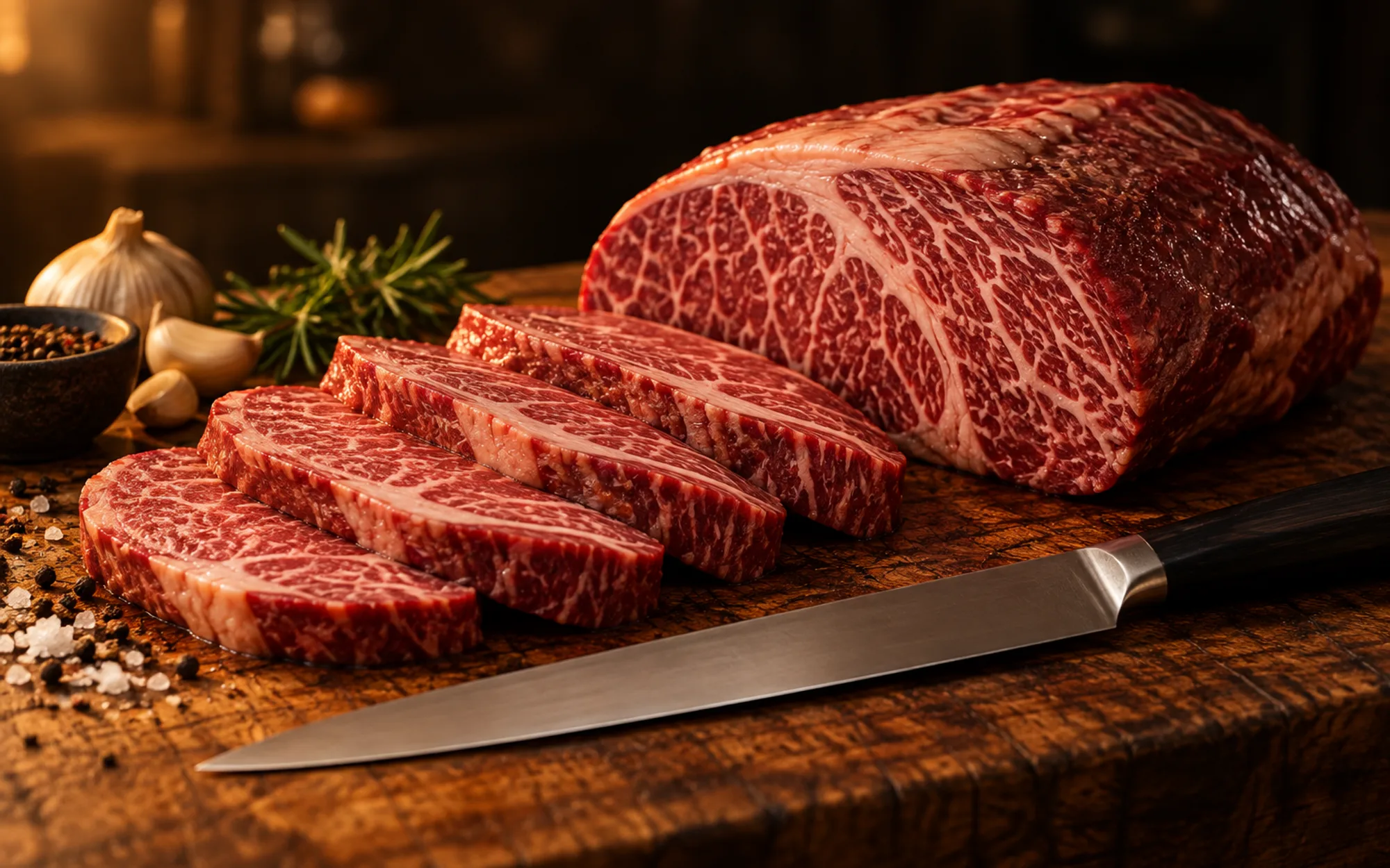 A whole marbled wagyu cut on a butcher block with slices fanned beside it