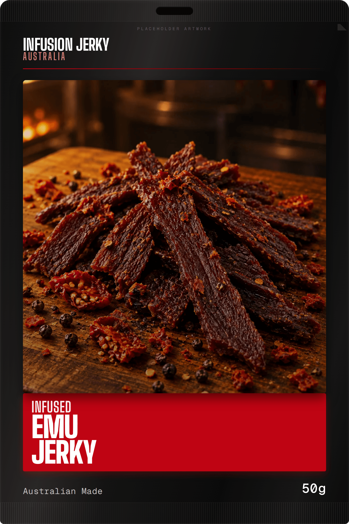 Emu jerky pack, front