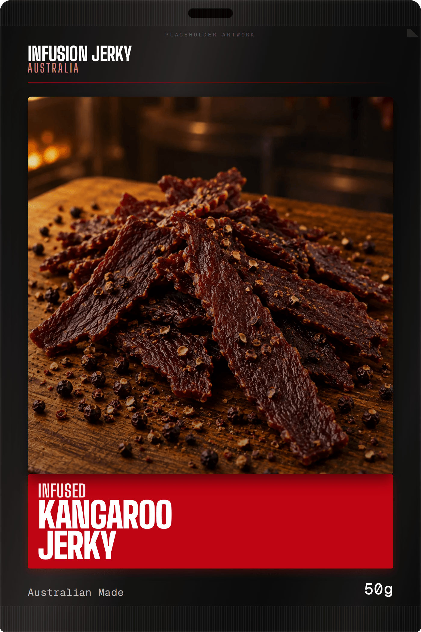 Kangaroo jerky pack, front