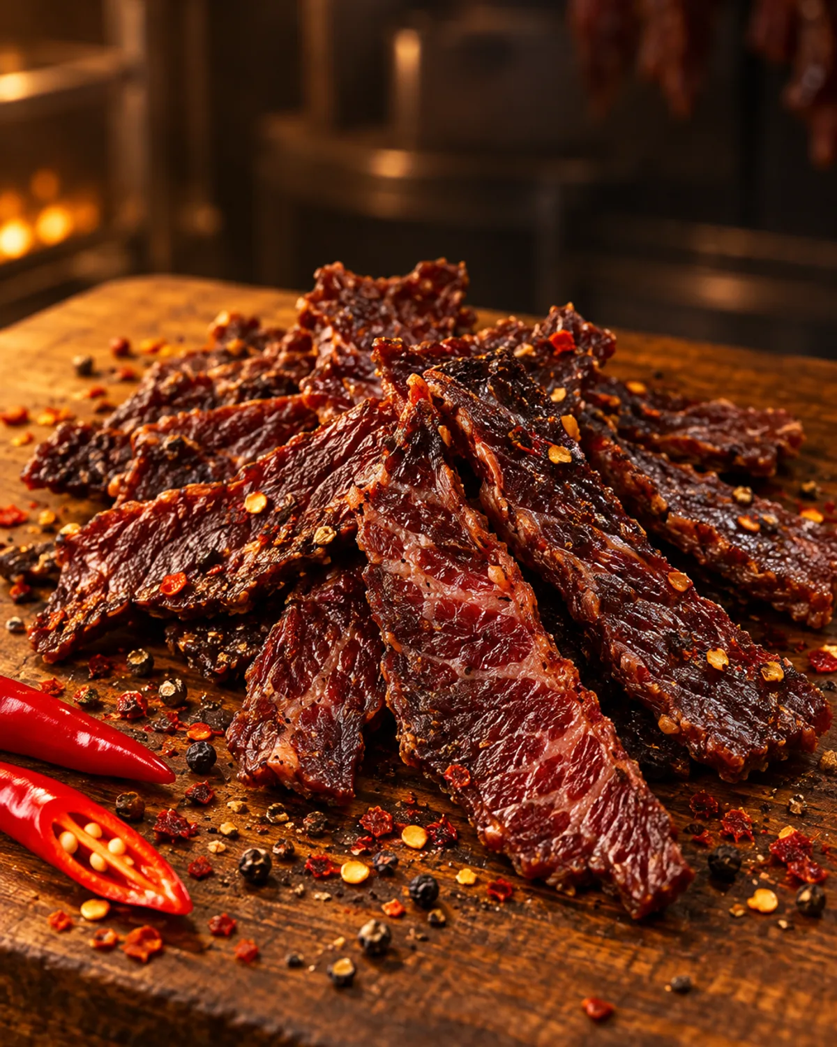 Wagyu Beef jerky strips on a timber board